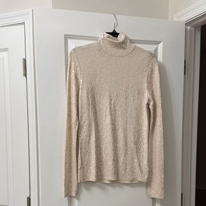 Express Cream Sequin Turtleneck Long Sleeve Top